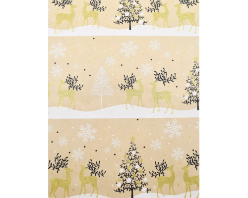 Geschenkpapier mit weihnachtlichem Muster aus Rentieren, Tannen und Schneeflocken