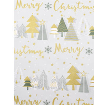 Weihnachtsgeschenkpapier mit goldenem Merry Christmas Schriftzug, verschiedenen Tannenbäumen, Schneeflocken und kleinen Sternen