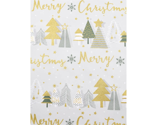 Weihnachtsgeschenkpapier mit goldenem Merry Christmas Schriftzug, verschiedenen Tannenbäumen, Schneeflocken und kleinen Sternen