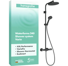 hansgrohe Duschsystem Waterforms 240 Varia in Mattschwarz mit Kopfbrause, Handbrause, Thermostat, hansgrohe Logo und 5 Jahre Garantie.