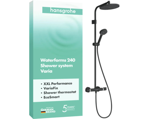 hansgrohe Duschsystem Waterforms 240 Varia in Mattschwarz mit Kopfbrause, Handbrause, Thermostat, hansgrohe Logo und 5 Jahre Garantie.