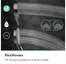 Handbrause mit FlexPower-Technologie für vollen Duschgenuss bei geringem Wasserverbrauch und einem Wasserdruck von 1 Bar.