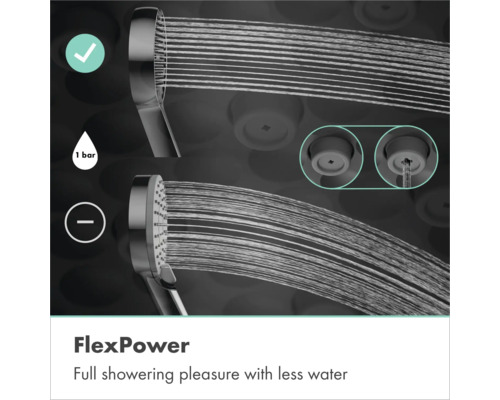 Handbrause mit FlexPower-Technologie für vollen Duschgenuss bei geringem Wasserverbrauch und einem Wasserdruck von 1 Bar.