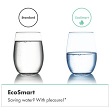Vergleich des Wasserverbrauchs zwischen Standard und wassersparender EcoSmart Technologie anhand von zwei Wassergläsern.