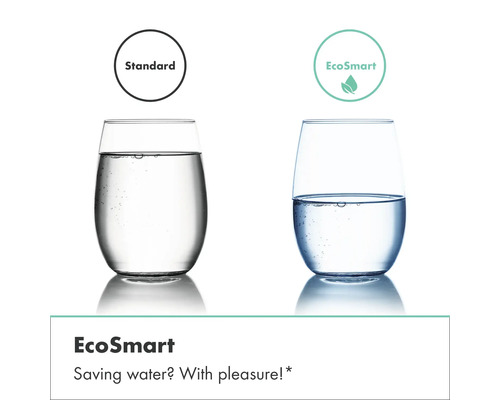 Vergleich des Wasserverbrauchs zwischen Standard und wassersparender EcoSmart Technologie anhand von zwei Wassergläsern.