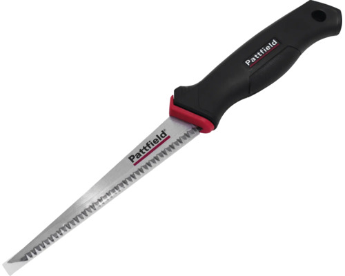 Pattfield Gipskartonsäge mit einer spitzen Stahlklinge, einem ergonomischen schwarz-roten Griff und Pattfield Logo.