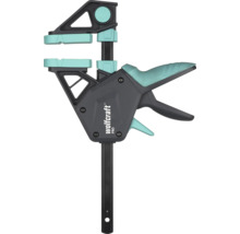 Einhandzwinge Wolfcraft PRO aus Kunststoff und Metall mit gummierten Spannbacken.