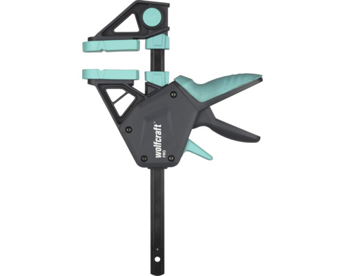 Einhandzwinge Wolfcraft PRO aus Kunststoff und Metall mit gummierten Spannbacken.