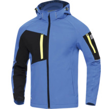 Blaue Softshelljacke mit Kapuze, schwarzer Brusttasche und gelben Reißverschlüssen.