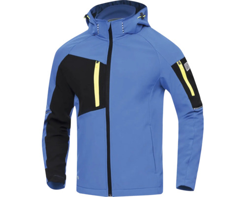 Blaue Softshelljacke mit Kapuze, schwarzer Brusttasche und gelben Reißverschlüssen.