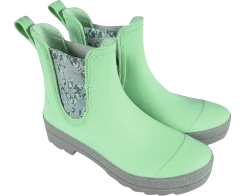 Paar mintgrüne knöchelhohe Gummistiefel mit gemusterten elastischen Einsätzen und grauer Profilsohle.