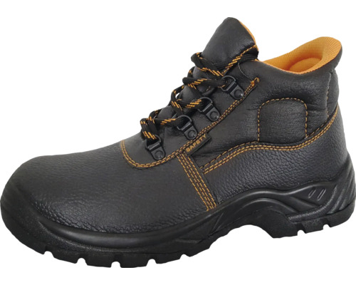 Schwarzer Sicherheitsstiefel aus Leder mit orangefarbenen Nähten, Schnürung und profilierter Sohle.