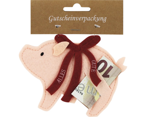 Gutscheinverpackung aus Filz in Form eines Schweins mit einer roten Schleife mit der Aufschrift Alles Gute