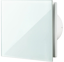 Weißer quadratischer Kleinraumventilator mit Glasfront für Badezimmer oder Toiletten.
