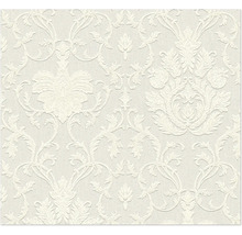 Strukturierte Vliestapete in Creme mit klassischem Damast-Muster aus floralen Ornamenten.