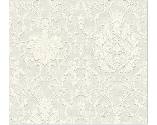 Strukturierte Vliestapete in Creme mit klassischem Damast-Muster aus floralen Ornamenten.