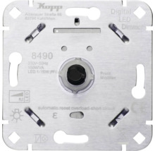Kopp Digital LED-Dimmer Einsatz für 1 bis 150 Watt, quadratischer Metallrahmen mit Kurzschluss- und Überlastschutz.