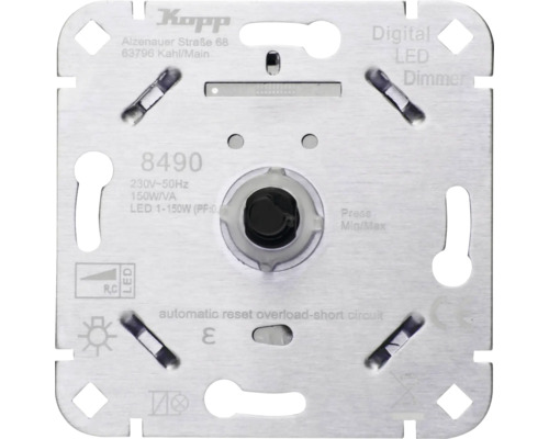 Kopp Digital LED-Dimmer Einsatz für 1 bis 150 Watt, quadratischer Metallrahmen mit Kurzschluss- und Überlastschutz.