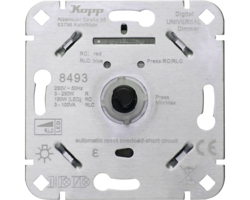 Kopp Digitaler Universal-Dimmer-Einsatz für LED, 230 Volt, 250 Watt, mit Überlastschutz, CE-Kennzeichnung und Kopp Logo.