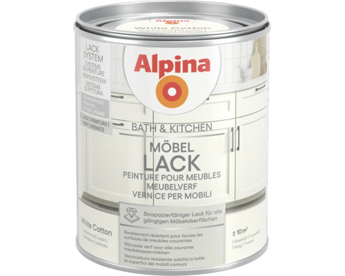 Alpina Möbellack für Bad und Küche, seidenmatt, Farbton White Cotton, strapazierfähiger Lack für Möbeloberflächen.