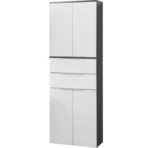 Hochschrank mit vier Türen und zwei Schubladen, Korpus in Anthrazit und Fronten in Weiß.