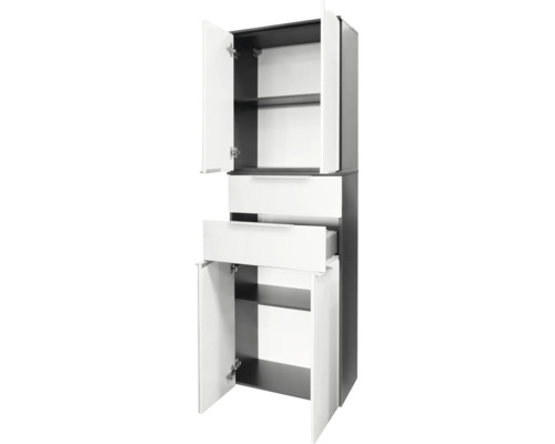 Badezimmer-Hochschrank mit zwei Türen und zwei Schubladen, Korpus in Anthrazit und Fronten in Weiß, geöffnet.