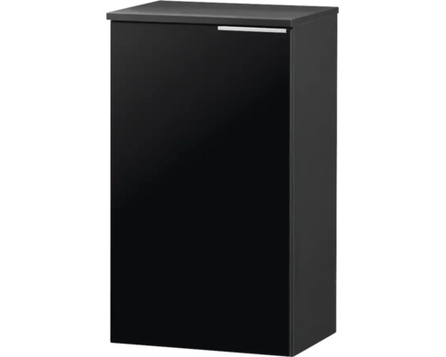Schwarzer Unterschrank mit einer Tür und schmalem Metallgriff, modernes Design.