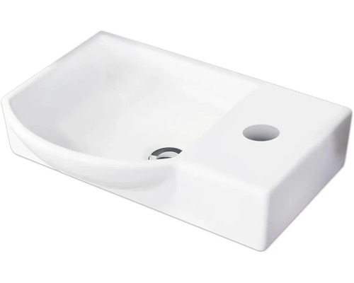 Weißes Handwaschbecken aus Keramik mit Hahnloch rechts und mittigem Ablauf.