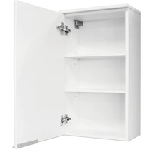 Offener Wandschrank in Weiß mit zwei Einlegeböden und sichtbaren Metallscharnieren.