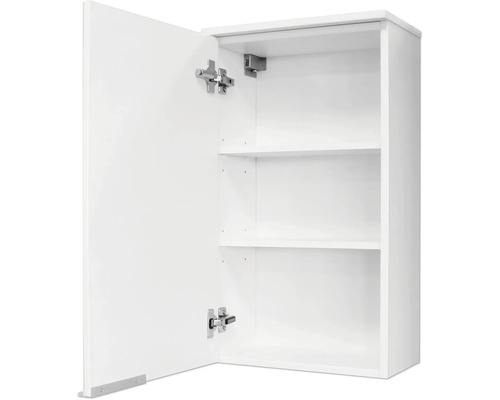 Offener Wandschrank in Weiß mit zwei Einlegeböden und sichtbaren Metallscharnieren.