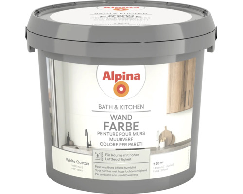 Alpina Wandfarbe Bath and Kitchen in White Cotton, matt, für Räume mit hoher Luftfeuchtigkeit.