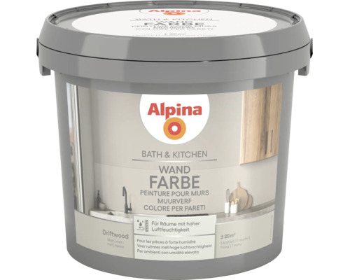 Alpina Wandfarbe Bath und Kitchen in Driftwood matt für Räume mit hoher Luftfeuchtigkeit, Ergiebigkeit circa 20 Quadratmeter.