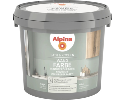 Alpina Wandfarbe Bath und Kitchen, matt, Sage, für Räume mit hoher Luftfeuchtigkeit, Reichweite circa 20 Quadratmeter.