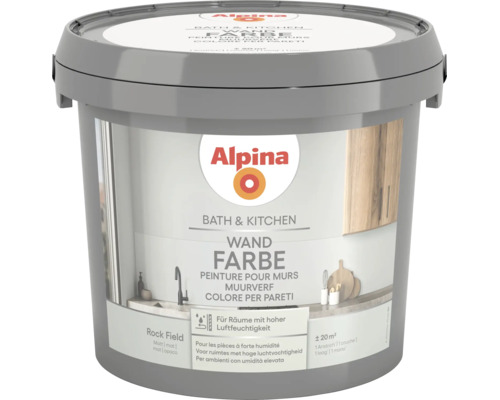 Alpina Wandfarbe Bath und Kitchen Rock Field für Räume mit hoher Luftfeuchtigkeit, matt, Ergiebigkeit circa 20 Quadratmeter.