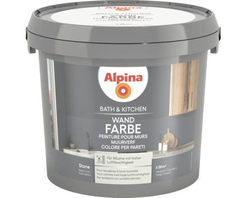 Alpina Wandfarbe Bath und Kitchen im Farbton Stone, matt, für Räume mit hoher Luftfeuchtigkeit, Reichweite circa 20 Quadratmeter.