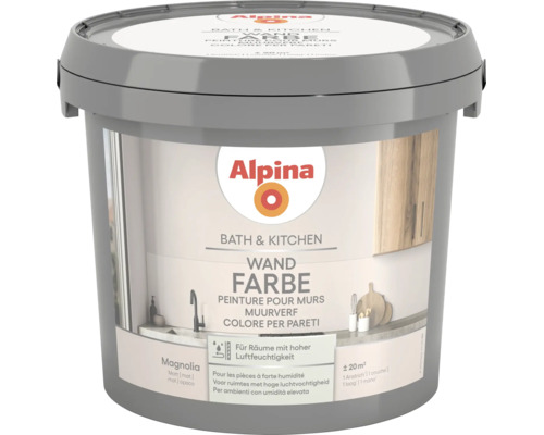 Alpina Wandfarbe Bath und Kitchen in Magnolia matt, für Räume mit hoher Luftfeuchtigkeit, Ergiebigkeit für circa 20 Quadratmeter.