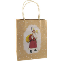 Geschenktüte aus braunem Kraftpapier mit Kordelgriffen und Nikolaus-Motiv mit weißen Punkten.
