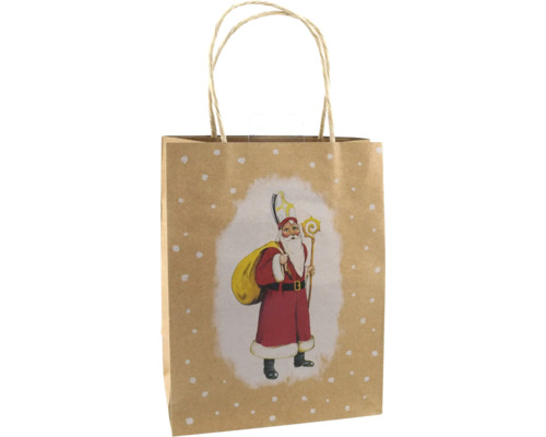 Geschenktüte aus braunem Kraftpapier mit Kordelgriffen und Nikolaus-Motiv mit weißen Punkten.