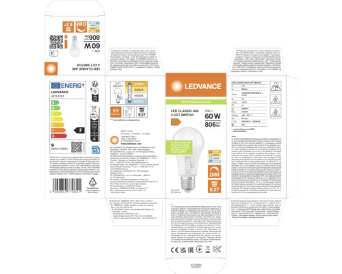 Verpackung einer Ledvance LED Lampe Classic A60 mit E27 Sockel, 9 Watt Leistung entsprechend 60 Watt, 806 Lumen und vier einstellbaren Farbtemperaturen.