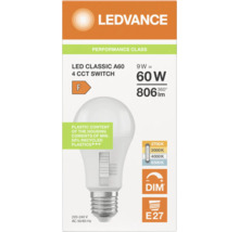 Ledvance LED-Leuchtmittel Classic A60, E27 Sockel, 9 Watt, 806 Lumen, dimmbar, 4 Farbtemperaturen 2700 bis 6500 Kelvin, Energieeffizienzklasse F.