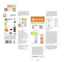 Verpackung für LEDVANCE LED-Lampe Classic A75, E27, 10,5 Watt entspricht 75 Watt, 1055 Lumen, vier Lichtfarben, Klasse F, LEDVANCE Logo.