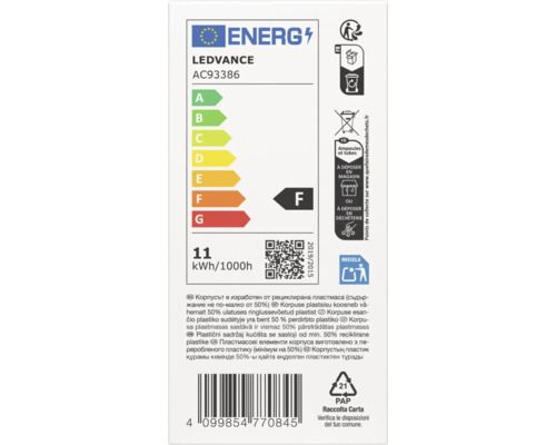 EU-Energielabel für LEDVANCE Logo, Klasse F, 11 Kilowattstunden pro 1000 Stunden, Recycling-Symbole und Barcode.