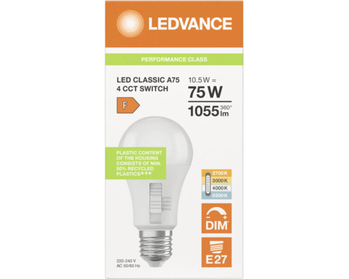 LEDVANCE LED-Leuchtmittel Classic A75 mit E27-Sockel, 10,5 Watt entspricht 75 Watt, 1055 Lumen, dimmbar, vier Farbtemperaturen, Energieklasse F.