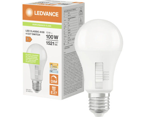 LEDVANCE LED-Lampe Classic A100, E27, 13 Watt, 1521 Lumen, dimmbar, Schalter für 4 Farbtemperaturen von 2700 bis 6500 Kelvin, LEDVANCE Logo.