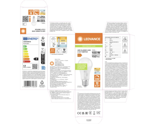 Ledvance LED-Lampe Classic A100, E27, 13 Watt entspricht 100 Watt, 1521 Lumen, dimmbar, Schalter für vier einstellbare Farbtemperaturen.