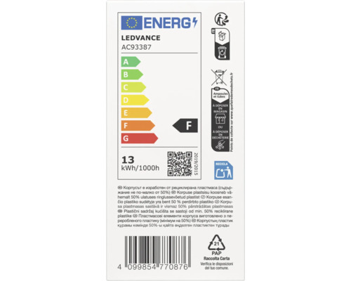 EU-Energielabel für LEDVANCE Produkt AC93387, Energieeffizienzklasse F, 13 Kilowattstunden pro 1000 Stunden, mit Entsorgungssymbolen.