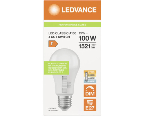 LEDVANCE LED Classic A100 Leuchtmittel, 13 Watt entspricht 100 Watt, 1521 Lumen, 4 Farbtemperaturen, dimmbar, Sockel E27, Energieklasse F.