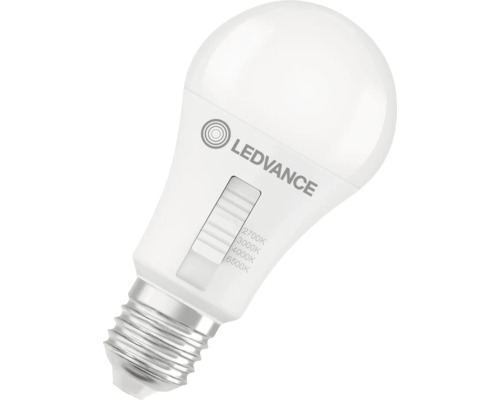 LEDVANCE LED-Leuchtmittel mit E27-Sockel und Schiebeschalter zur Einstellung der Farbtemperatur von 2700 bis 6500 Kelvin.