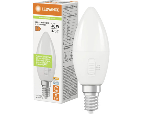 Ledvance LED Lampe Kerzenform B40 mit E14 Sockel, 4,9 Watt entspricht 40 Watt, 470 Lumen, umschaltbare Farbtemperatur, dimmbar.