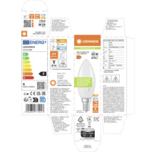Verpackung eines LEDVANCE LED Leuchtmittels Classic B40 mit 3 CCT Schalter, 4,9 Watt entspricht 40 Watt, 470 Lumen, Sockel E14, dimmbar.